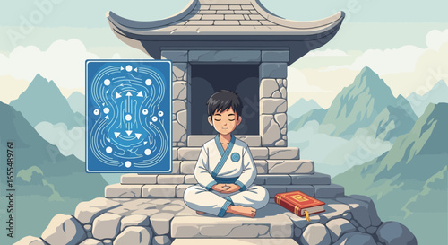 Young karate practitioner meditates near temple with flowing energy diagram backdrop
