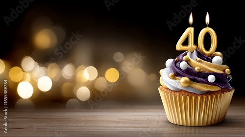 Colorful birthday cupcake with candle and golden 40 on blurred background