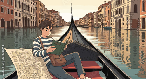 Animated tourist exploring Venice with book and map on a gondola ride