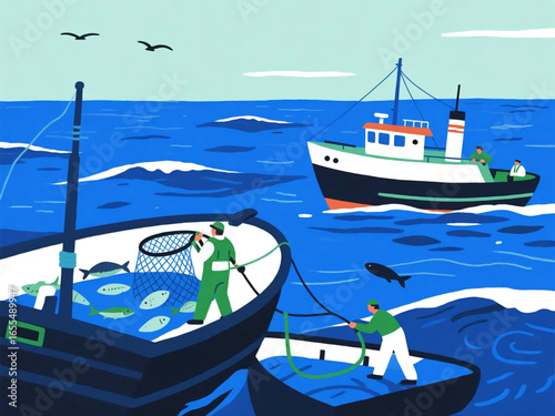 Vector flat design of deep-sea fishing vessel with crew pulling in large fishing nets, ocean waves background