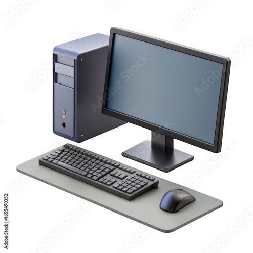3d desktop computer setup with monitor tower keyboard and mouse isolated on transparent background