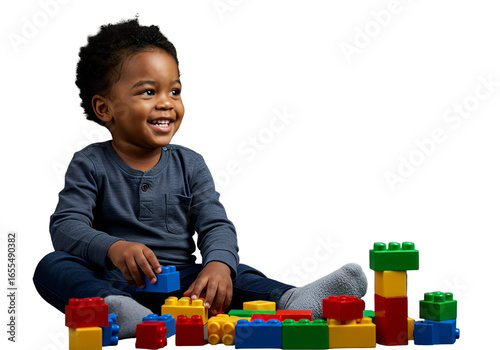 Black toddler boy playing with colorful toy blocks, isolated on transparent background