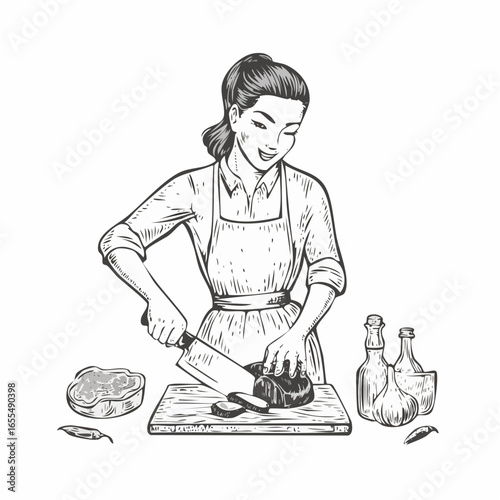 Chef cuts piece of meat with cleaver vintage engraving sketch illustration with detailed retro line art of a cook preparing food, perfect for culinary themes, kitchen artwork, vintage recipe prints