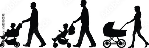 Parents pushing children in strollers and prams, family walk, outdoor activity, child care, parenting, father, mother, baby, toddler, family lifestyle