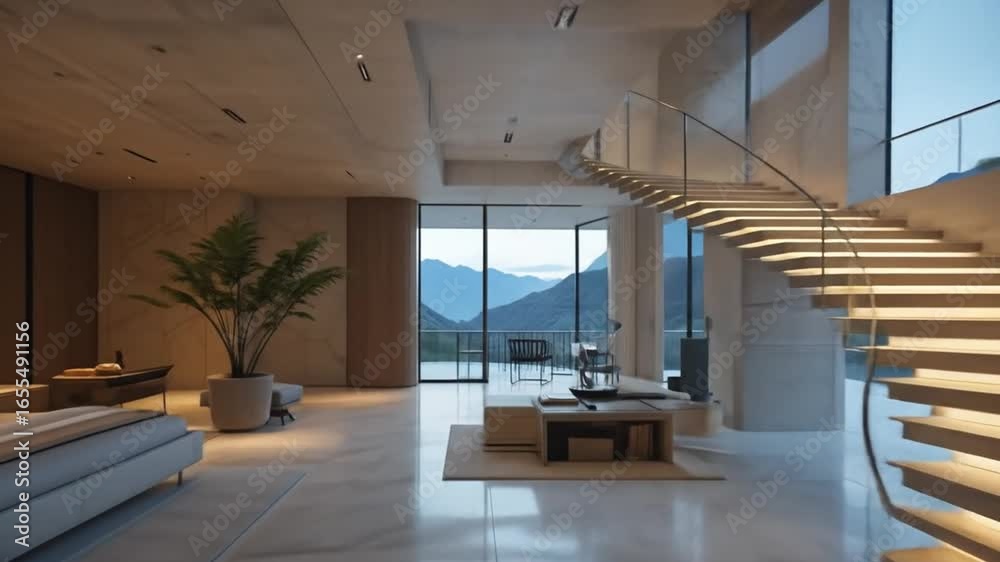 custom made wallpaper toronto digitalMinimalist luxury interior with a floating staircase, contemporary architecture with mountain views. 4k video