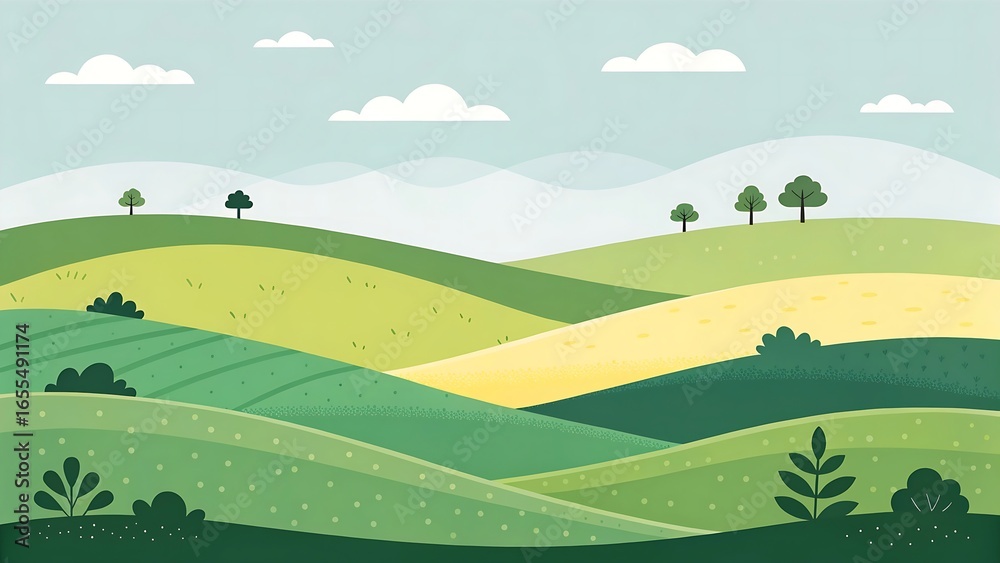 Obraz premium Rolling green hills and fields under a cloudy sky