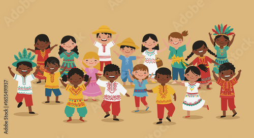 Diverse Group of Cheerful Children in Traditional Outfits