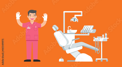 Smiling Dentist and Dental Equipment Illustration on Orange Background