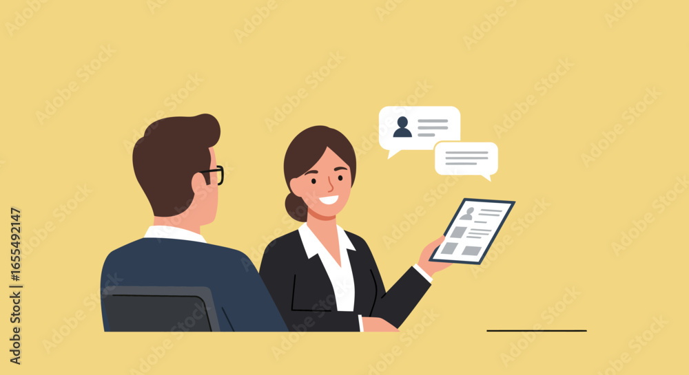 Fototapeta premium Woman Presenting Tablet to Man During Interview