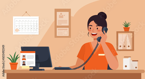 Smiling Woman Talking on Phone at Desk
