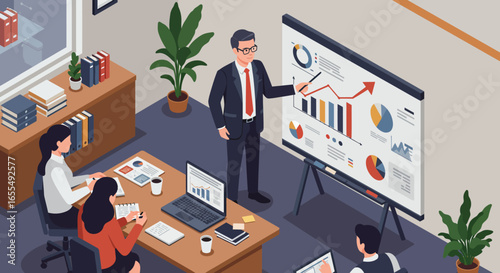 Business Presentation with Charts and Team in Meeting