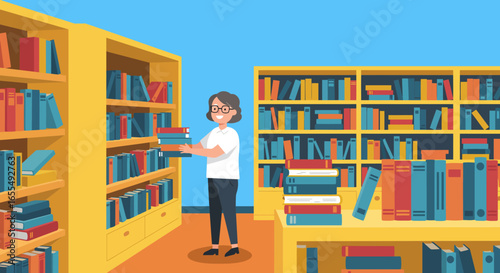Librarian Holding Books in a Library Setting