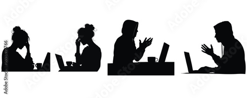 silhouette of people working on laptops teamwork vector
