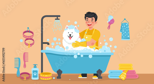 Happy Dog Getting a Bath in Bathtub with Groomer