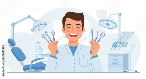 Smiling Dentist Holding Dental Tools in Clinic