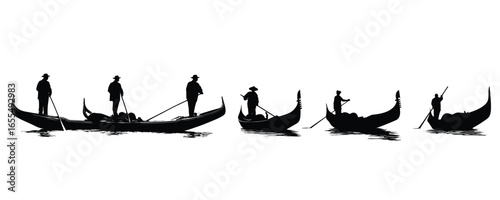 set of 5 boat silhouette with rowers vector design