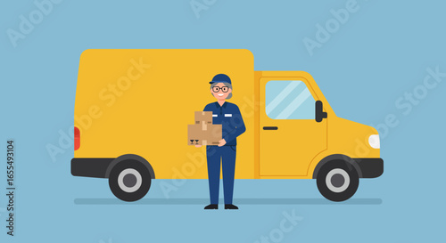Delivery Person with Boxes Standing by Yellow Van