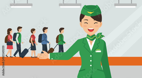 Smiling Flight Attendant Welcoming Passengers at Airport