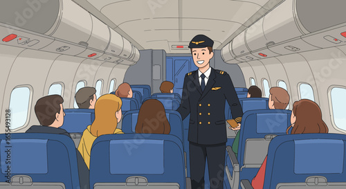 Smiling Pilot Greeting Passengers Inside Airplane Cabin