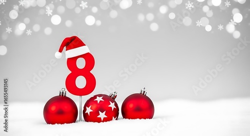 Christmas Number Eight with Festive Ornaments and Snow
