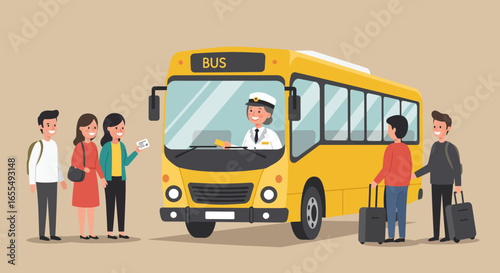 Yellow Bus with Passengers and Driver Illustration