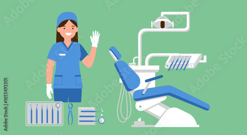 Smiling Dentist and Dental Equipment Illustration.