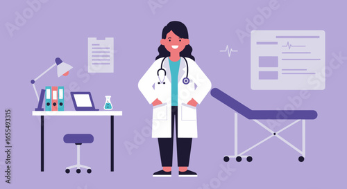 Smiling Female Doctor in White Coat, Stethoscope.