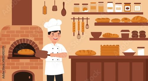 Cheerful Baker with Freshly Baked Bread in Oven