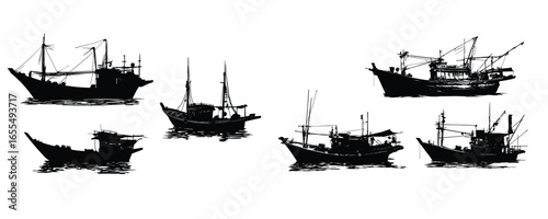 set of traditional boat and ship silhouette for sea transport and cultural design