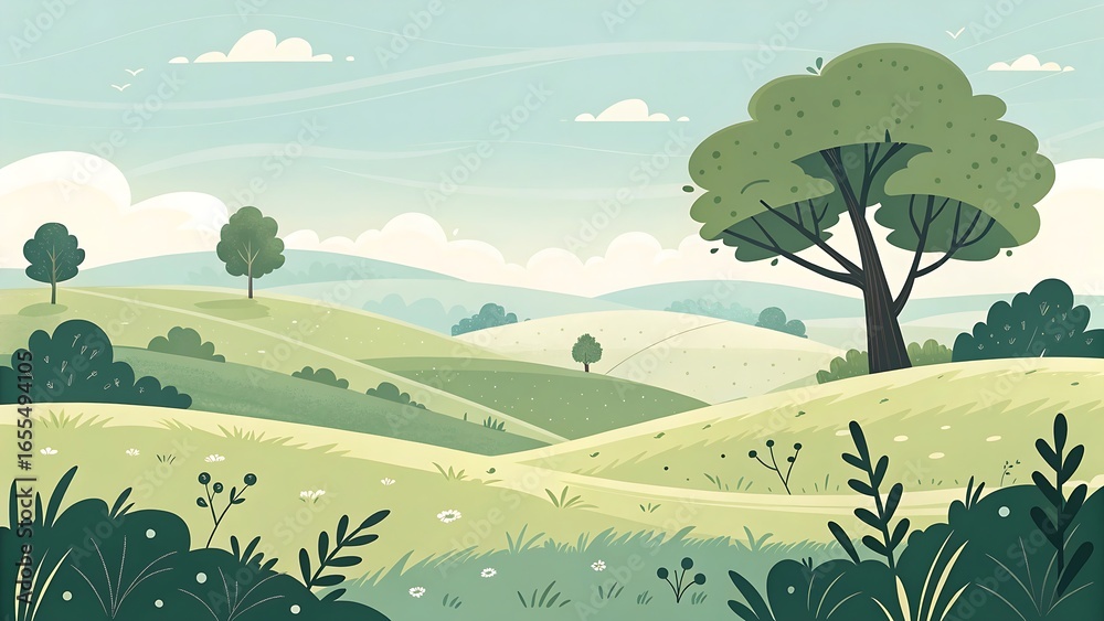 Fototapeta premium A cartoon landscape with green rolling hills and scattered trees