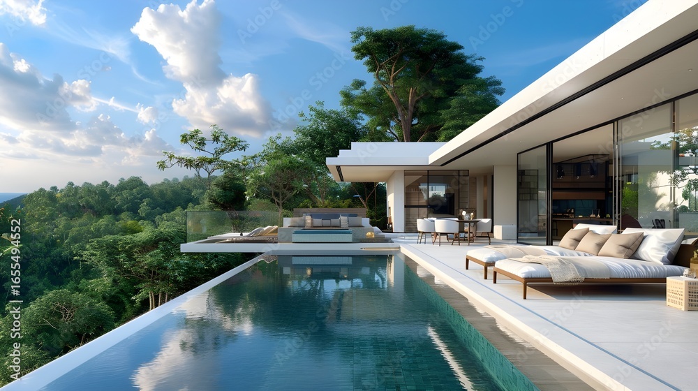 Fototapeta premium Exclusive luxury house with poolside view surrounded by tropical greenery