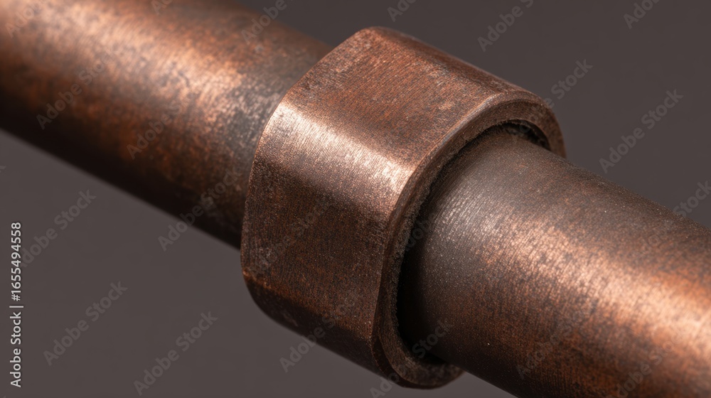 Obraz premium Close-up view of a vintage copper pipe joint showcasing intricate details and textures against a neutral backdrop