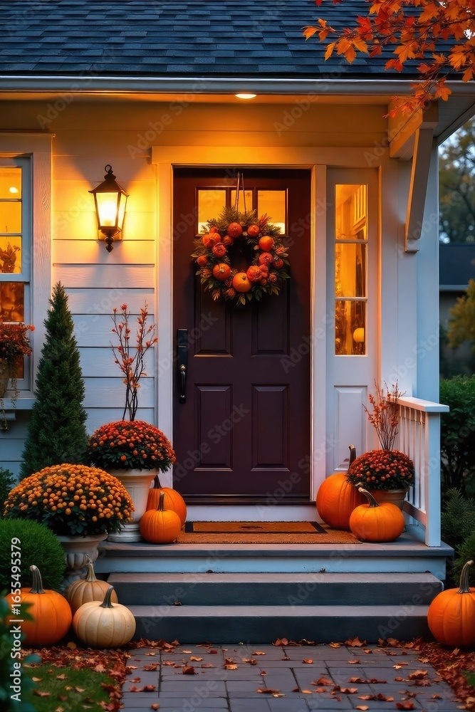 Obraz premium A charming autumnal front porch display featuring pumpkins, gourds, and fall foliage Warm lighting adds a cozy ambiance to the welcoming entrance , wreath, welcome