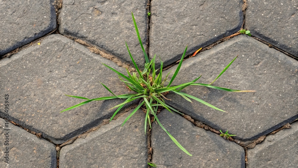 Obraz premium Crab grass or finger grass (digitaria sanguinalis), sprouting between old cracked driveway pavers