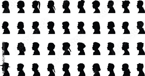 Silhouette profiles of people, men and women side view, diverse hairstyle collection, black vector illustration, human face outline design