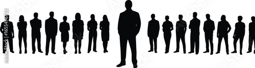 Silhouettes of diverse business team standing together, confident leader in front, teamwork, corporate unity, collaboration, professional group, 