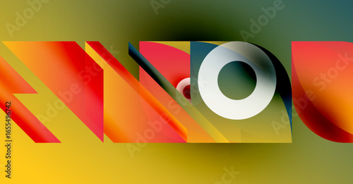 Abstract composition featuring vibrant reds, yellows, oranges. Shapes overlap creating dynamic visual effect. Gradient background adds depth.