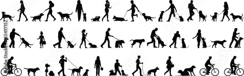 Silhouettes of people walking dogs, biking with pets, pet care, outdoor activity, dog training, companionship, lifestyle, exercise, animal lover