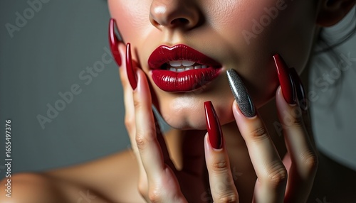 Glamorous Macro Shot Red Glossy Lips Dramatic Nail Art Silver and Red Woman's Beauty Detail