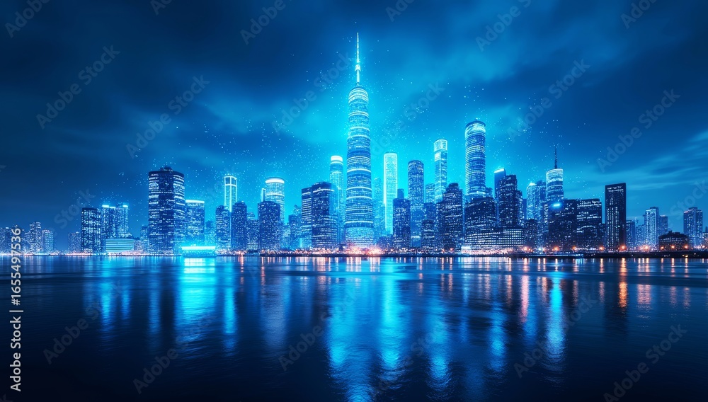 Obraz premium Vibrant lights reflect on the harbor as the stunning Hong Kong skyline rises at dusk.