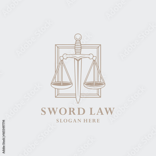 Sword law logo with vintage justice theme, symbolizing honor, authority, and timeless strength.