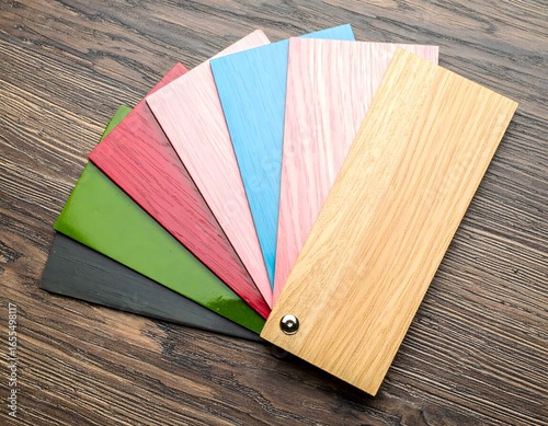 Colorful Wood Swatches Fanned Out on Wooden Surface.