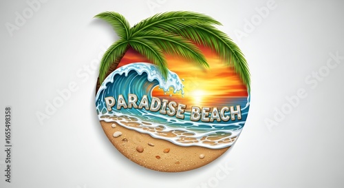 Tropical Green Palm Tree Blue Ocean Wave with Sunset on Sandy Beach Illustration