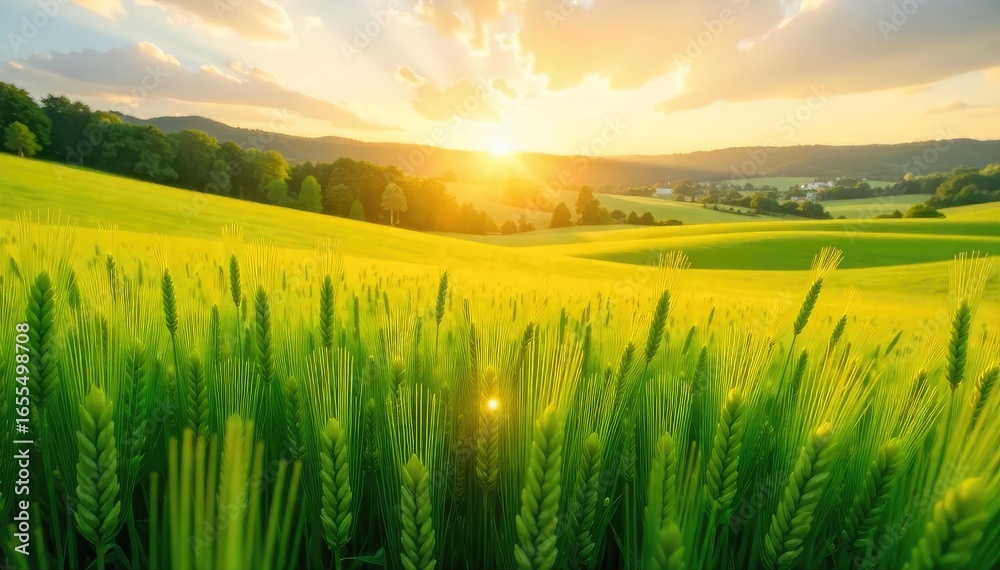 Obraz premium Golden Sunlight Bathes Rolling Wheat Field, Idyllic Summer Landscape, Gently Swaying Green Crops in Warm Breeze, Picturesque Rural Scene Perfect for Nature Projects