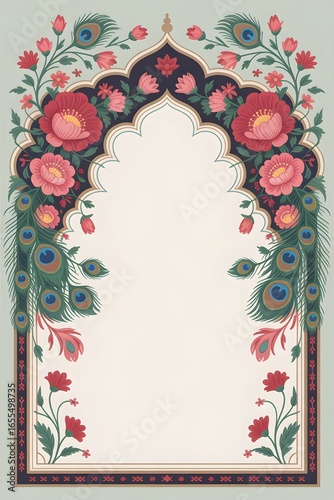 Mughal wedding invitation floral motifs, royal arches, peacocks, and traditional palace architecture