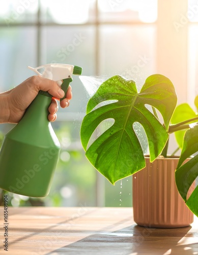 Person Spraying Water on Monstera Plant with Green Sprayer.