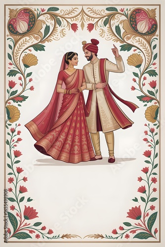 Vector traditional royal wedding invitation card design with Indian Bride and Groom dancing.