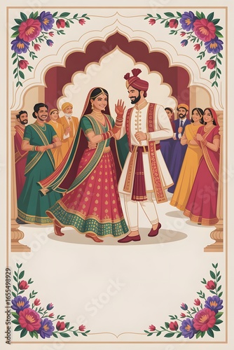 Vector traditional royal wedding invitation card design with Indian Bride and Groom dancing.