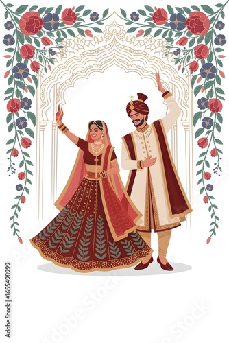 Vector traditional royal wedding invitation card design with Indian Bride and Groom dancing.