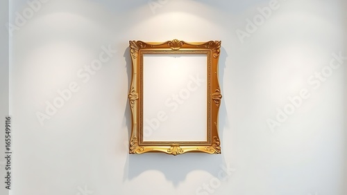 Empty ornate golden picture frame hanging on a white wall with spotlights illuminating it from above